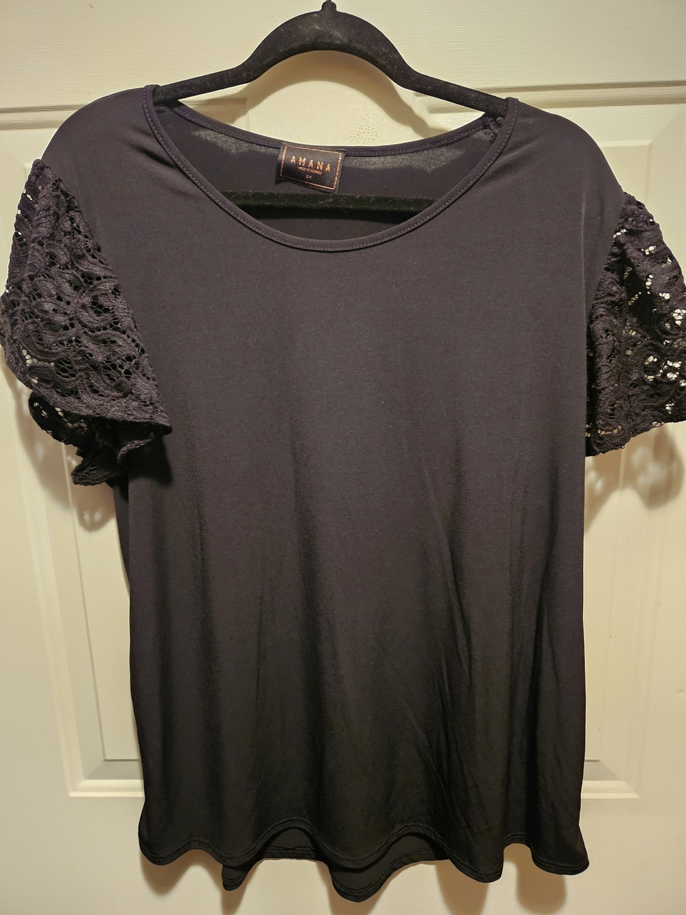 Amiana Black Short Sleeve Tee with Lace Sleeves